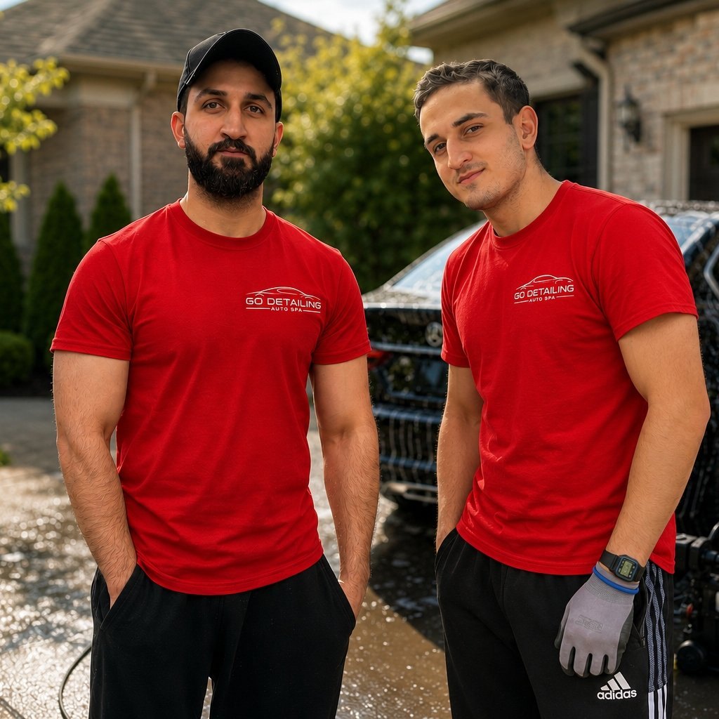 The Go Detailing family team — two detailers in red Go Detailing uniforms washing a black sedan in a customer's driveway